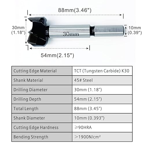 Forstner Drill Bits 30mm (1-3/16 inch) Tungsten Carbide Wood Hole Saw Auger Opener Woodworking Drilling Tool Wood Cutter