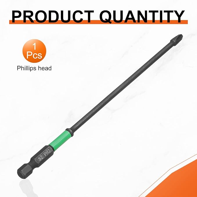 HARFINGTON #2 Impact Phillips Screwdriver Bit PH2 1/4" Hex Shank 6" (150mm) Length 0.14" Rod Magnetic Cross Head Drill Bits S2 Steel Industrial Screw Drivers for Impact Power Tools