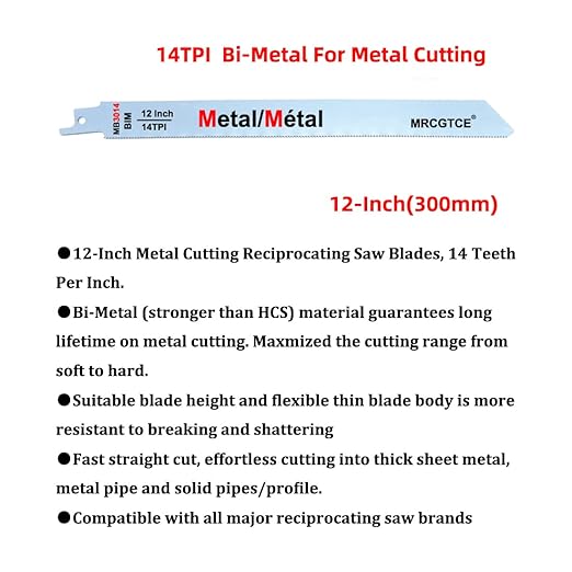 Metal Cutting Reciprocating Saw Blade, 12-Inch 14TPI Bi-Metal Recip Saw Blades (10pcs)