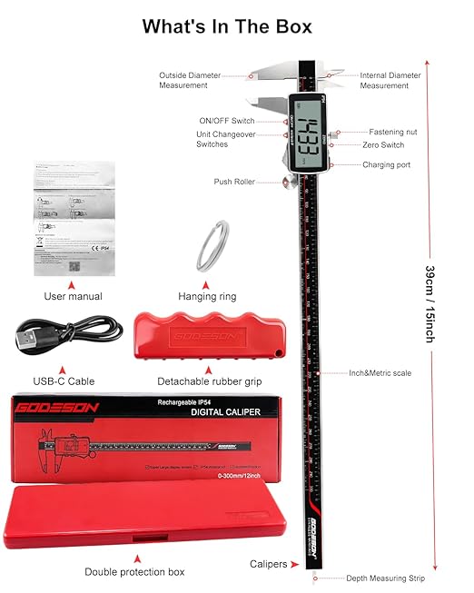 Digital Caliper 12 Inch, 짹0.001" High Precision, Rechargeable & IP54 Calipers Measuring Tool, Stainless Steel Vernier Caliper 300mm with Large LCD, MM/Inch/F, Rubber Grip for 3D Printing, Machine Shop
