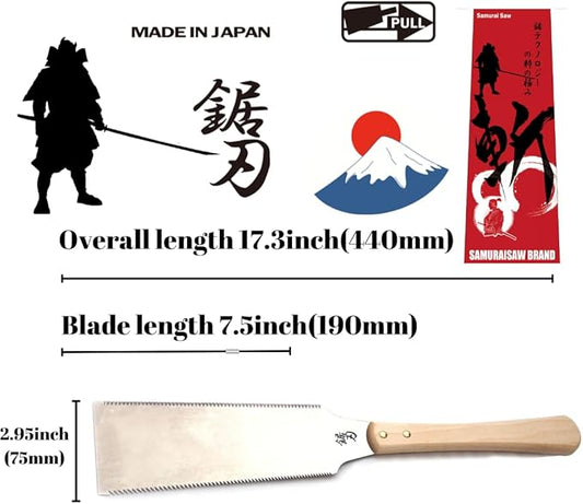Samurai Ryoba Japanese Pull Saw - 7.5 Inch (19cm) Double Edge Flush Cut Saw for Woodworking