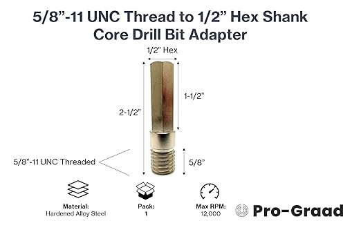 Core Drill Bit Adapter 5/8"-11 Thread to 1/2" Hex Shank, 5/8-11 Male Drill Bit Adapter for Threaded Diamond Hole Saw Core Drill Bit (5/8"-11 Thread to 1/2" Hex Shank, 1)