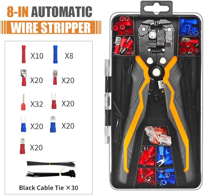 TULEDE 251 PCS Wire Stripper Kit, Automatic Wire Stripper for AWG 10-24 with 201 Insulated Terminals and 50 Cable Ties, Professional Electrician Tool Set for Electrical Work