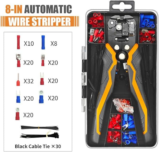 TULEDE 251 PCS Wire Stripper Kit, Automatic Wire Stripper for AWG 10-24 with 201 Insulated Terminals and 50 Cable Ties, Professional Electrician Tool Set for Electrical Work