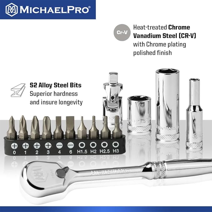 MichaelPro 62-Piece 1/4'' Dr. Socket Set, 90-Tooth Standard & Deep Sockets, SAE 3/16''-1/2'' & Metric 4-12mm, CR-V Steel, 6-Point Design, with Ratchet, Extensions, Spinner Handle, 1/4" Bits | MP005059