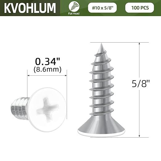 100 PCS #10 x 5/8" White Head Sheet Metal Screws, Flat Head Phillips Fast Self Tapping Screws, Carbon Steel Countersunk Head Wood Screws, Screwdriver Bit Included
