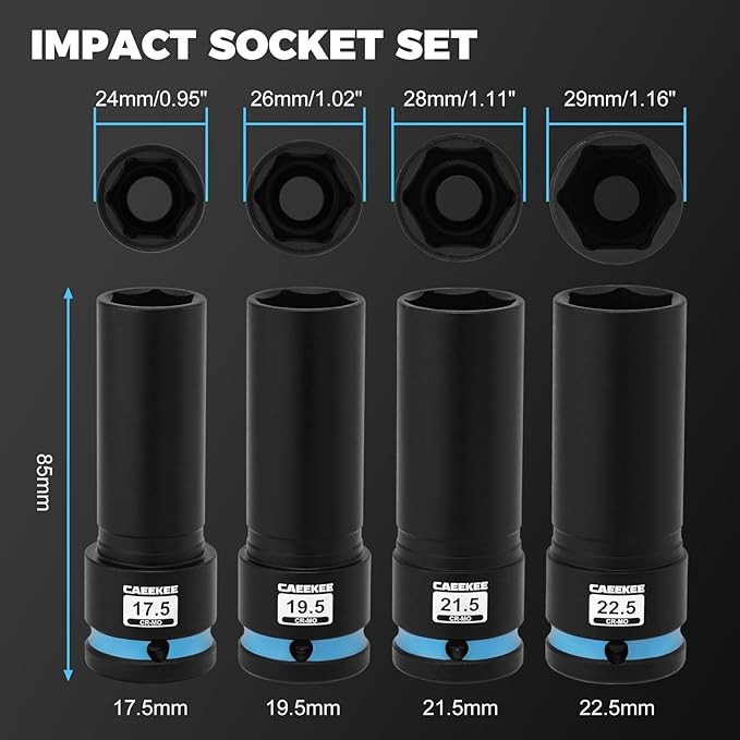 4-Piece 1/2" Drive Lug Nut Impact Socket Set, Non-Marring Thin Wall Wheel Protector Socket竊똂R-MO, Metric 17.5, 19.5, 21.5, 22.5mm