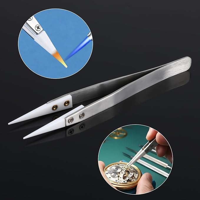 Pointed Ceramic Tweezers, Stainless Steel Precision Pointed Ceramic Tweezers Non-Conductive Anti Static High Temperature Resistant Fine Point Tweezer for Electronic Repair, DIY Crafting Hobby Tools
