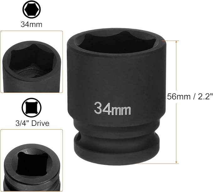 HARFINGTON 6-Point Impact Socket 3/4" Drive 34mm Metric 40Cr Alloy Steel Spindle Axle Nut Impact Socket