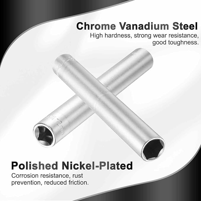 HARFINGTON 2pcs 6 Points Deep Socket 3/8" Drive 12mm Deep Metric CR-V Steel Polished Nickel Plating Flip Sleeve 120mm / 4.7" Extra Long Socket Tool for Home Auto Nuts Bolts Repair