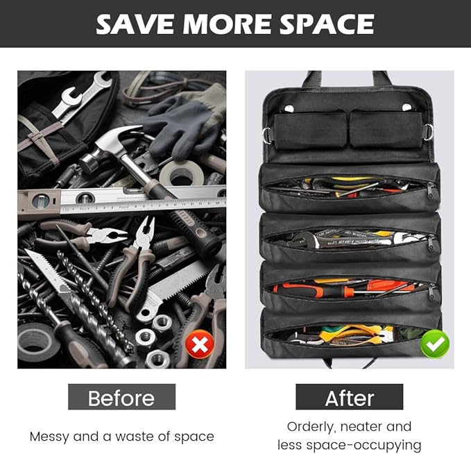 Roll Up Tool Bag, Heavy Duty Tool Organizer with 5 Compartments & 2 Detachable Pouches, Portable Foldable Waterproof Tools Bag for Dad Men Electrician Mechanic Gifts (COLOR:Black)