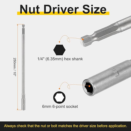 HARFINGTON 2pcs Nut Driver Drill Bit 6mm Metric Socket 1/4" Hex Shank 10" (250mm) Extra Long Magnetic 6-Point Sockets Quick Change 40Cr Steel Bolt Setters for Power Drill Drivers