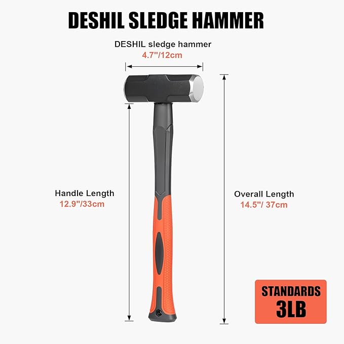 3lb Sledge Hammer - Heavy Duty Drilling Hammer with Forged Steel Head & Fiberglass Handle, Perfect for Demolition, Construction, and Blacksmithing