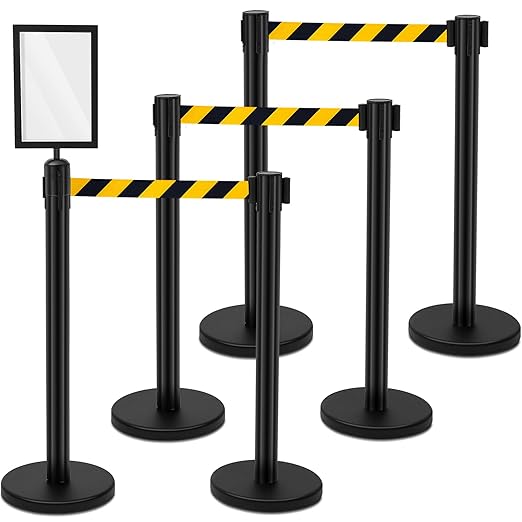 Therwen 6 Pack Heavy Duty Crowd Control Stanchions 9.8 ft Stainless Steel Stanchion Set with Safety Barrier Post Retractable Belt and Sign Holder Crowd Control Barrier (Stripe Belt,Black)