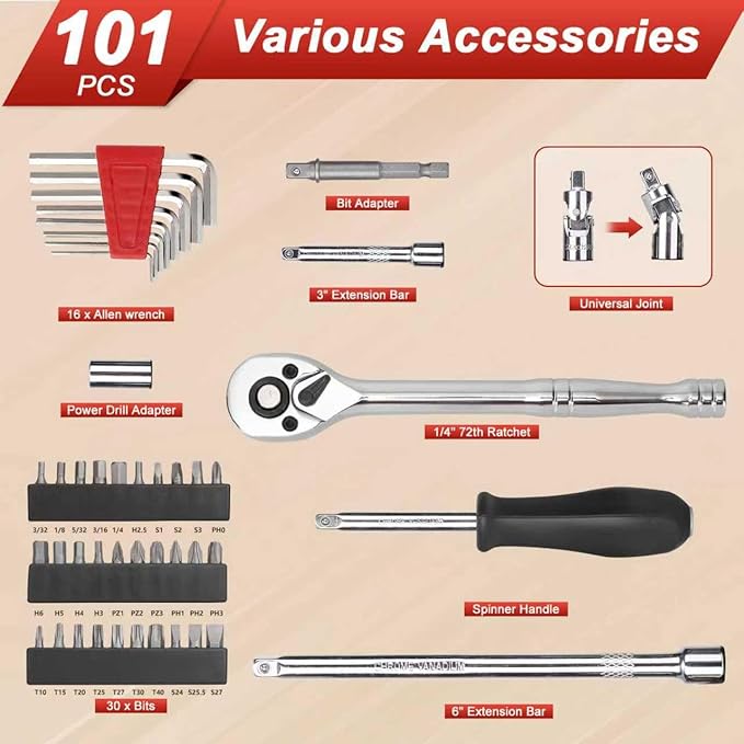 Egofine 1/4?쒭rive Socket Ratchet Wrench Set,101 PCS Metric(4-14mm),SAE(5/32-9/16??,with 72-Teeth Ratchet Wrench,Bit Socket Set,Extension Bar,Allen wrench for Auto Repair and Household