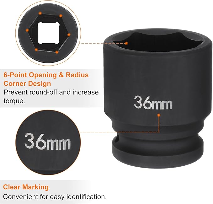 HARFINGTON 6-Point Impact Socket 3/4" Drive 36mm Metric 40Cr Alloy Steel Spindle Axle Nut Impact Socket