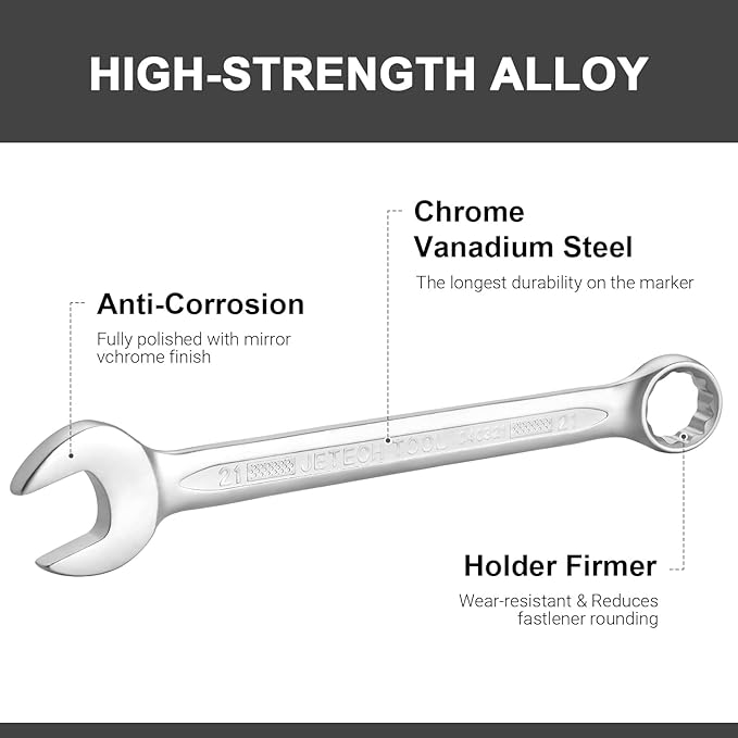 Jetech 21mm Industrial Grade Combination Wrench, Chrome Vanadium Steel, 12-Point Design, 15-Degree Offset, Sand Blasted Finish, Forged, Heat-Treated, Metric