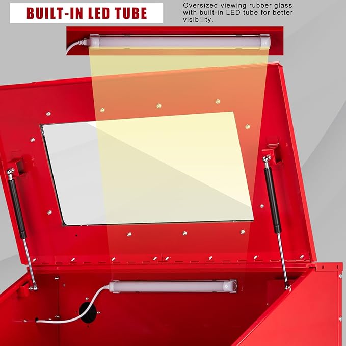 90 Gallon Sandblasting Cabinet,40-80PSI Sand Blasting Cabinet with Glass Viewing Windows/LED Light, Heavy Duty Sand Blaster with 4 Nozzles & Blasting Gun for Paint, Rust Removal Red