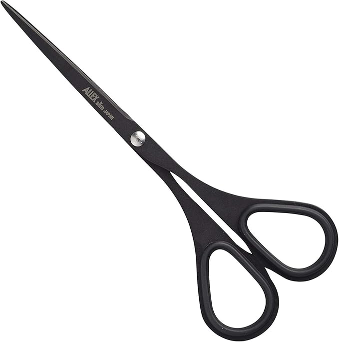 ALLEX Small Black Scissors for Office 5.5" [Non-Stick], All Purpose Slim & Thin Low Profile Scissors, Made in JAPAN, All Metal Japanese Stainless Steel Blade with Non-Slip Soft Ring, Black