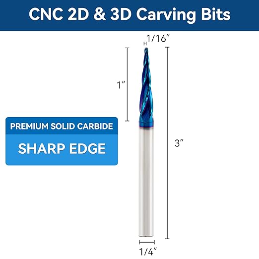 CNC Router Bits 1/4 Shank Spiral Ball Nose 2D & 3D Carving Bits 5.4 Deg Tapered Angle Ball Tip R0.8 1/4" Shank 3" OVL for Wood Carving Engraving
