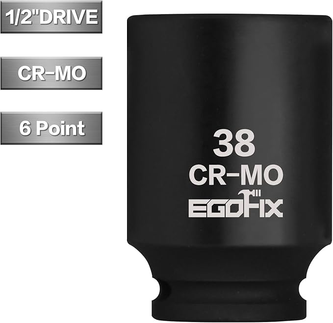 1/2" Drive Deep Impact Socket, 38mm Metric Socket, CR-MO 6 Point for Easy Removal of Axle Nut