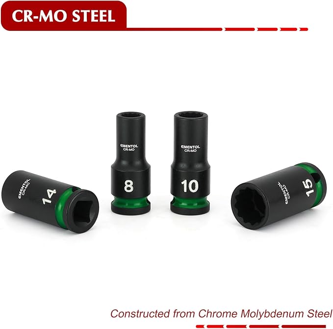 EMENTOL 3/8" Drive Impact Socket Set, Semi-Deep Sockets, 13 Pieces, Metric (7-19mm), 12 Point, CR-MO, Stamped and ink filled