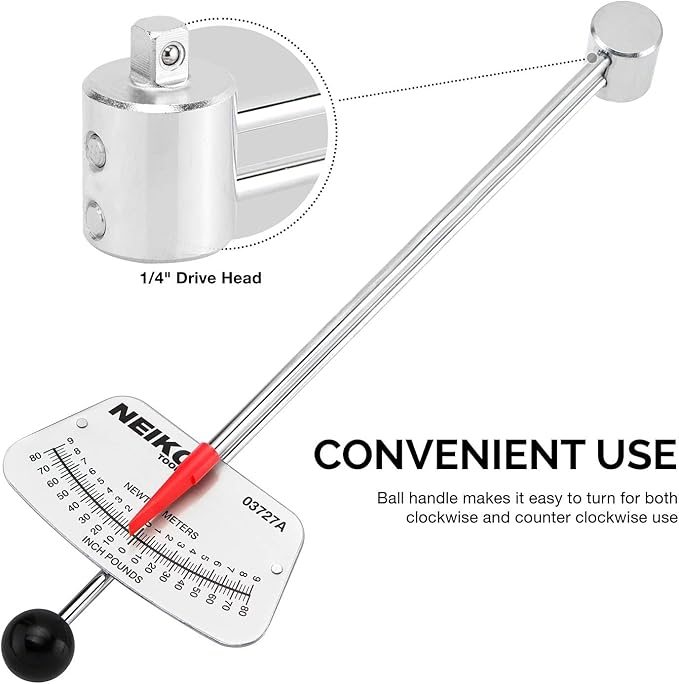 Neiko 03727A 1/4-Inch-Drive Beam Torque Wrench, SAE and MM Bicycle and Automotive Wrench, Reads in 0??0 Inches/Pounds and 0?? Newton/Meter Increments