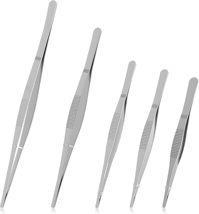 5 Pcs Stainless Steel Tweezers, Long Cooking Tweezers for Crafts with Precision Serrated Straight Tips, Non-slip Kitchen Tweezer for Crafting Baking Tank Aquarium Terrarium (16/17.5/19.5/25/30cm)