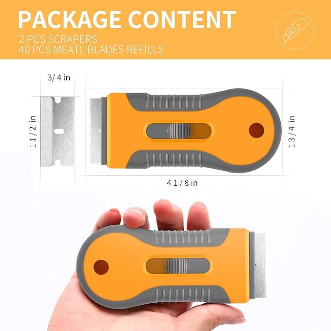 Razor Blade Scraper, 2 Pack Plastic Retractable Glass Scraper with 40 Pcs Extra Razor Blades, Cleaning Razor Scraper for Windows Metal Vinyl Car Glue