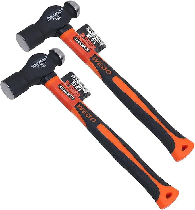 WEDO 2pcs Ball Pein Hammer Set,1.5lb+1.5lb,Fiberglass Handle,Ball Peen Hammer,Length 320mm,High Carbon Steel,Shock Resistant,Non-Slip Handle,Die-forged