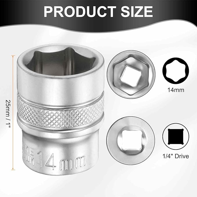 HARFINGTON 6 Points Deep Socket 1/4" Drive 14mm Deep Metric CR-V Steel Polished Nickel Plating Flip Sleeve 25mm / 1" Extra Long Socket Tool for Home Auto Nuts Bolts Repair