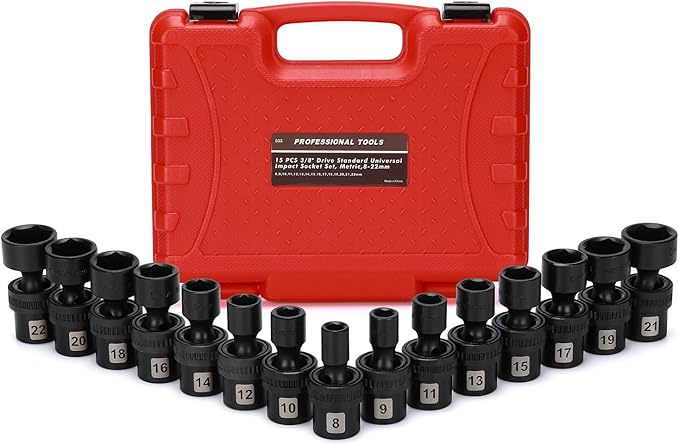Mayouko 15PCS 3/8" Drive Shallow Universal Impact Socket Set, 6 Point, Metric, 8-22mm, 15-Piece Swivel Socket Set, Metric Flexible Wobble Sockets, CR-MO Steel