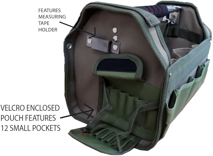RAVEN 12.5" Green Tool Carry-All | Premium Canvas with Multi-Pockets | Metal Handle & Rubber Feet | 12.5" x 9.5" x 8" | Best for Tools, Crafts & Supplies