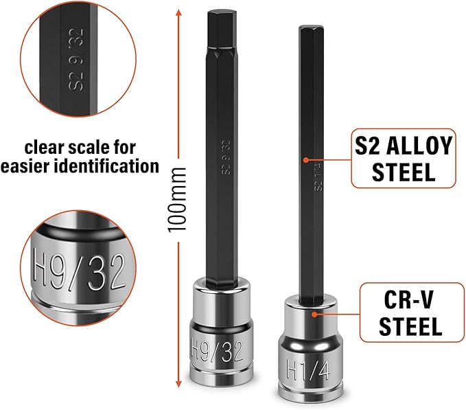 19-Piece 3/8" Drive Long Reach Impact Hex Bit Socket Set, SAE (1/8"-3/8") & Metric (3mm-12mm) Deep Allen Key Wrench Set, S2 and Cr-V Steel, with Molded Storage Box