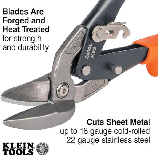 Klein Tools 2400L Left-Cutting Offset Snips, Aviation Tin Snips with Forged Blade for Precision Sheet Metal Cutting