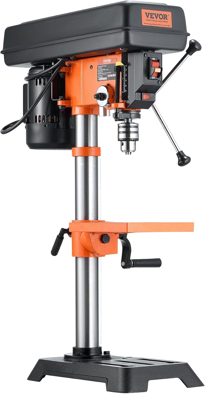 VEVOR Benchtop Drill Press, 3.2 Amp and 5-Speed Adjustable Drill Press with 10 in Swing, Cast Iron Frame, Worktable Tilts 0-45째, Ideal for Drilling Wood & Metal