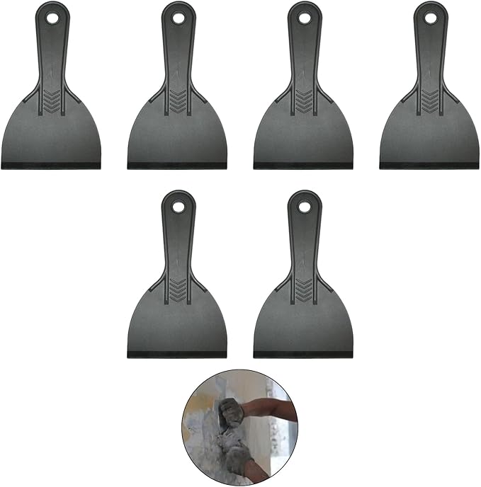 6 Pcs Plastic Putty Knife Set, 4 Inch Flexible Scrapers, Small Paint Scraper for Spackling, 3D Print Removal, Patching, Decal Application & Wall Repair (Black)