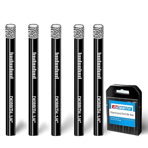 DKIBBITH 5 Packs 1/4" Diamond Drill Bits for Tile, Porcelain, Ceramic, Granite, Marble, Stone, Glass, Dry Drilling Tile Drill Btis with Storage Case and 1/4" Round Shank.