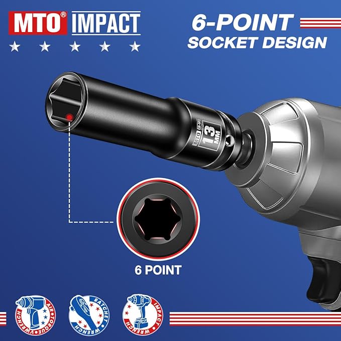 MTO 1/2" Drive 13mm Deep Impact Socket, 6 Pt. Metric Socket, CR-MO Steel & Anti-Corrosion Coating for Heavy-Duty Use