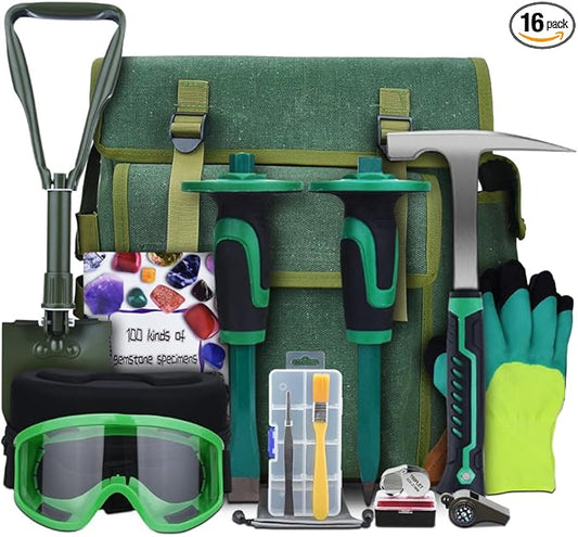 16-Piece Geological Rock Hammer Kit, Portable 32-ounce Hammer and Chisel Backpack Set, Suitable for Rock Hunting, Gold Mining,Ideal Choice for Beginners and Enthusiasts
