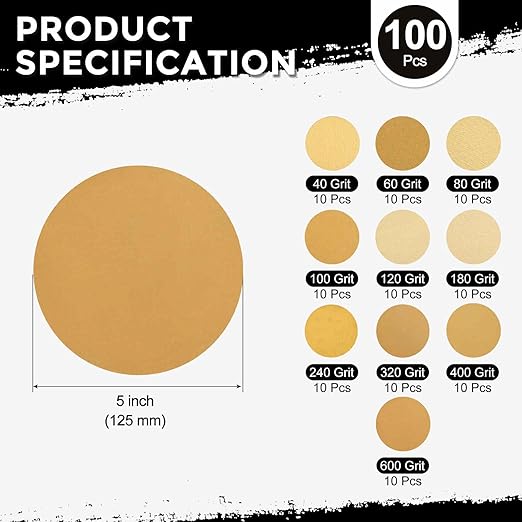 100 Pcs Sanding Discs 5 Inch 40/60/80/100/120/180/240/320/400/600 Grit Hook and Loop Orbital Sandpaper Suitable for Drywall Sander Wood Metal Furniture, Yellow