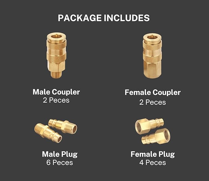 Pro High Flow Coupler and Plug Kit (14 Piece), V Style, 1/4 Inch, NPT, Solid Brass Quick Connect Air Fittings Set