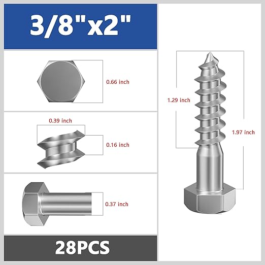 Lag Screws Wood Screws (28PCS, 3/8"x2", Silver) Hex Head Lag Bolts,(10x50) Heavy Duty Lag Screws,304 Stainless Steel Bolts 18-8