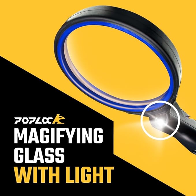 Poplock Magnify Glass with Light, 3X??X Lens, 2-Side Concave Convex, Blue