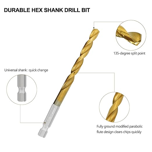 13 Pcs Titanium Coated Twist Hex Shank Drill Bit Set, 135 Degree Tip HSS Impact Drill Bit Set with Storage Case for Metal, Aluminum, Steel, Wood, Plastic, Quick Change Design 1/16" to 1/4"