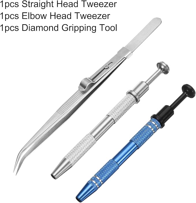 HARFINGTON 3pcs Diamond Tweezer Holder Pick Up Tool Set Stainless Steel 4 Claw Holder Elbow Head Jewelry Locking Tweezer for Tiny Objects Electronic Components, Silver/Blue