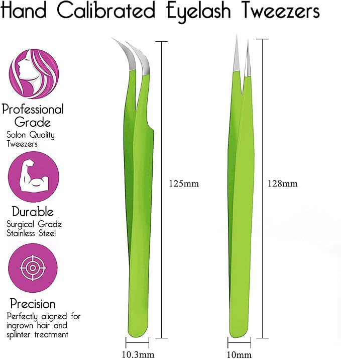 SIVOTE Lash Tweezers for Eyelash Extensions, Hand Calibrated Straight & Curved Tip, Pack of 2, Green