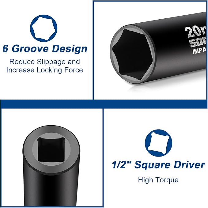 SORAKO 1/2??Impact Socket Set, 16 Piece Metric Deep Socket Set 10-24 mm,Deep Impact Socket Set with Extension Bar & L Handle 6 Point Cr-V Steel Drive Socket Set with Portable Case