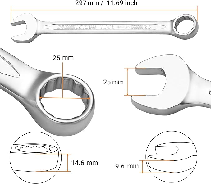 Jetech 25mm Combination Wrench, Industrial Grade Cr-V Steel Spanners with Precise 12 Point Opening, Off-Corners Design