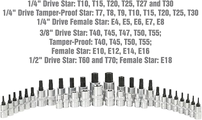 OEMTOOLS 23991 35 Piece Multi-Drive Star Socket Set, Torx Socket Set with EVA Foam Tray, Designed to Fit in Cabinets and Tool Boxes, Easy Identification